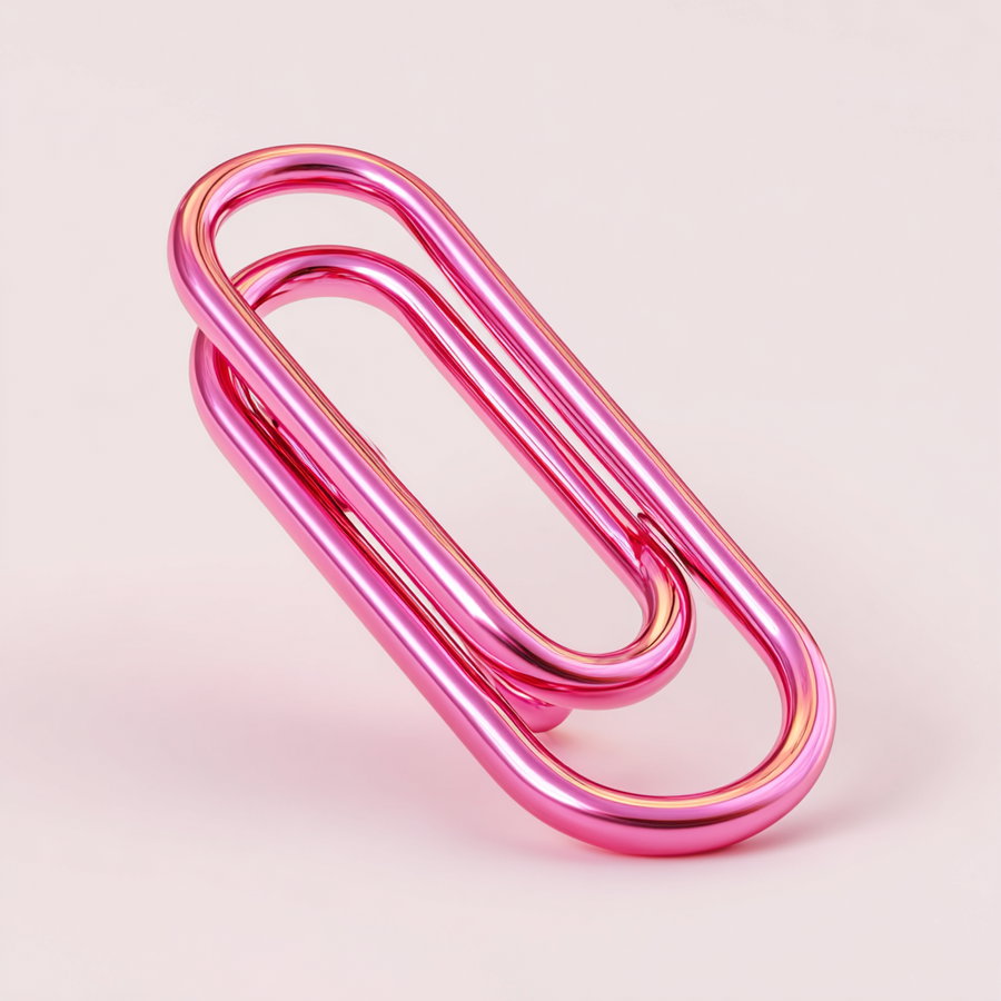 A close-up of a shiny pink metallic paperclip sculpture on a soft pink background