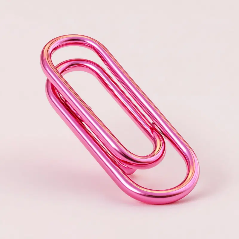 Minimalist artwork featuring a shiny pink metallic paperclip sculpture