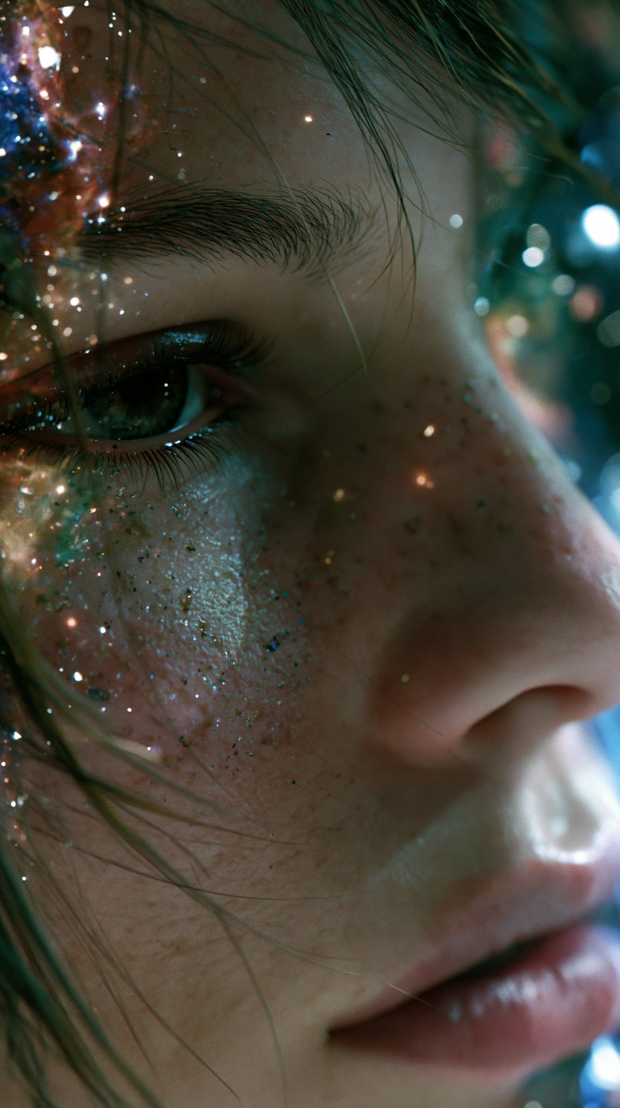 Close-up photo of a person's face showing eye, nose, lips, and artistic light and glitter effects on the skin