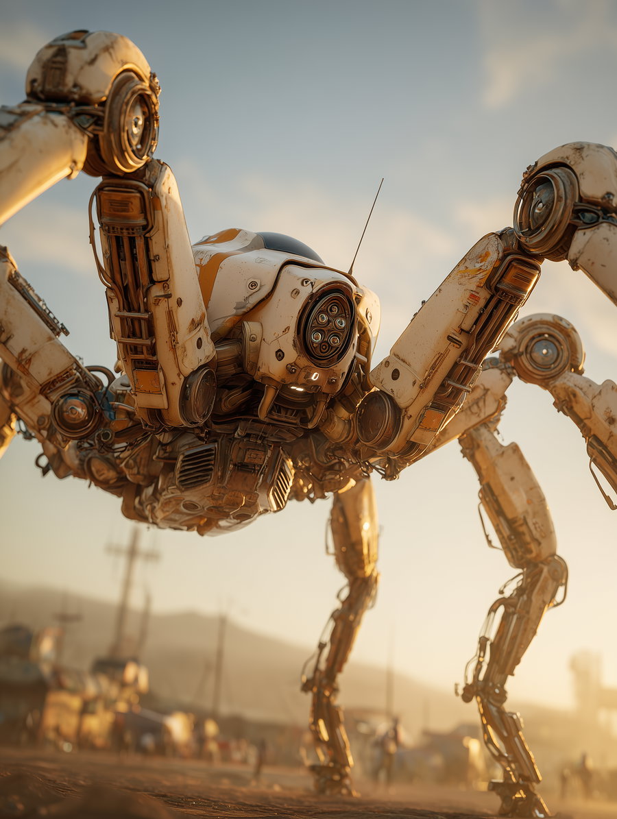 Close-up view of a large mechanical spider-like robot with six articulated legs, intricate gears, and a camera-like central head, standing on a dusty ground with a blurred background of a settlement and mountains under a soft sunset sky.