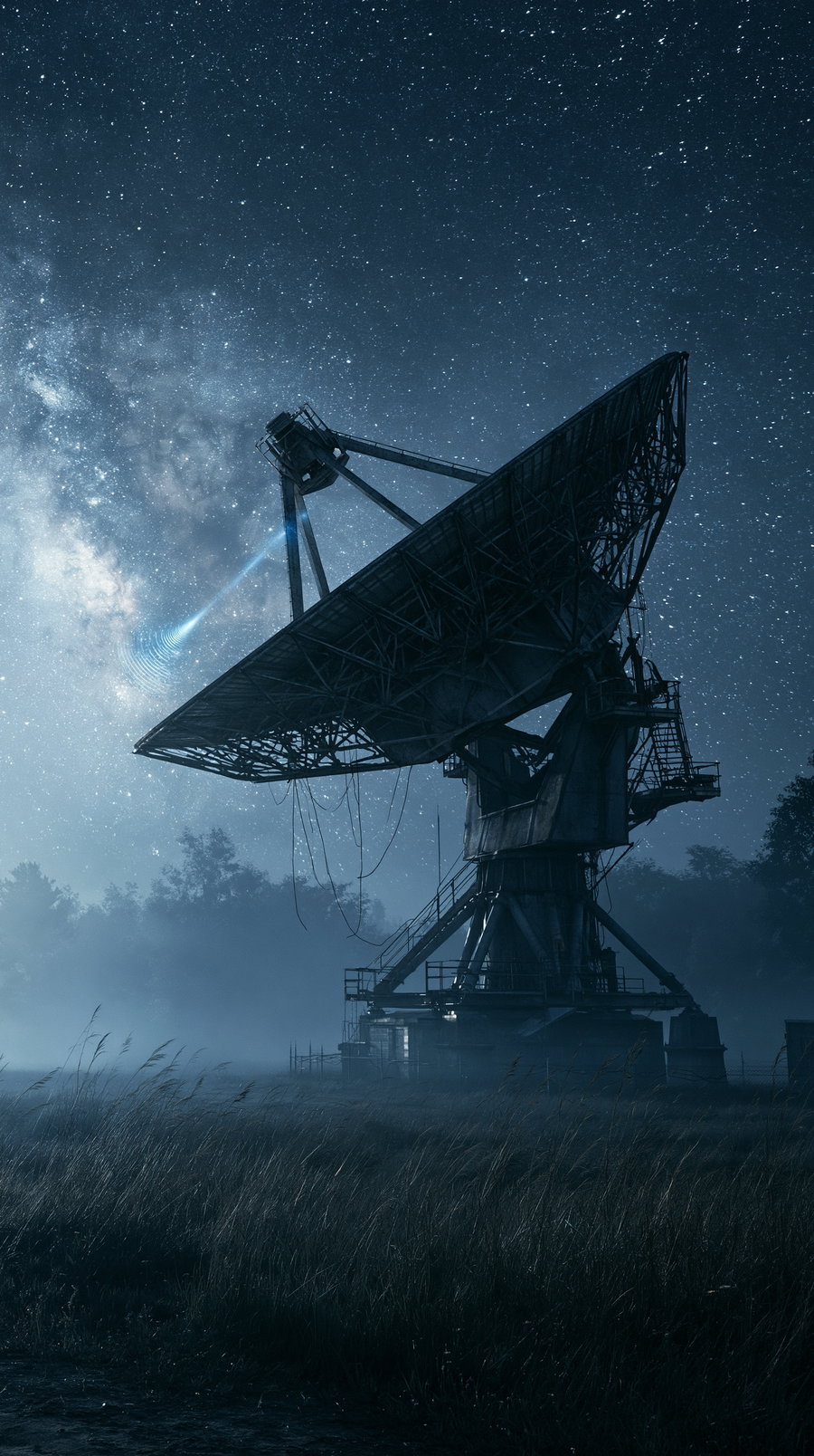 A large radio telescope antenna pointing towards a star-filled night sky with the Milky Way visible and a beam of light projecting from the antenna, surrounded by dark grassy field and silhouetted trees.