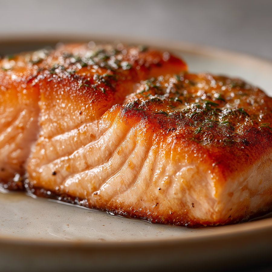 Two pieces of golden-brown cooked salmon garnished with herbs on a beige plate