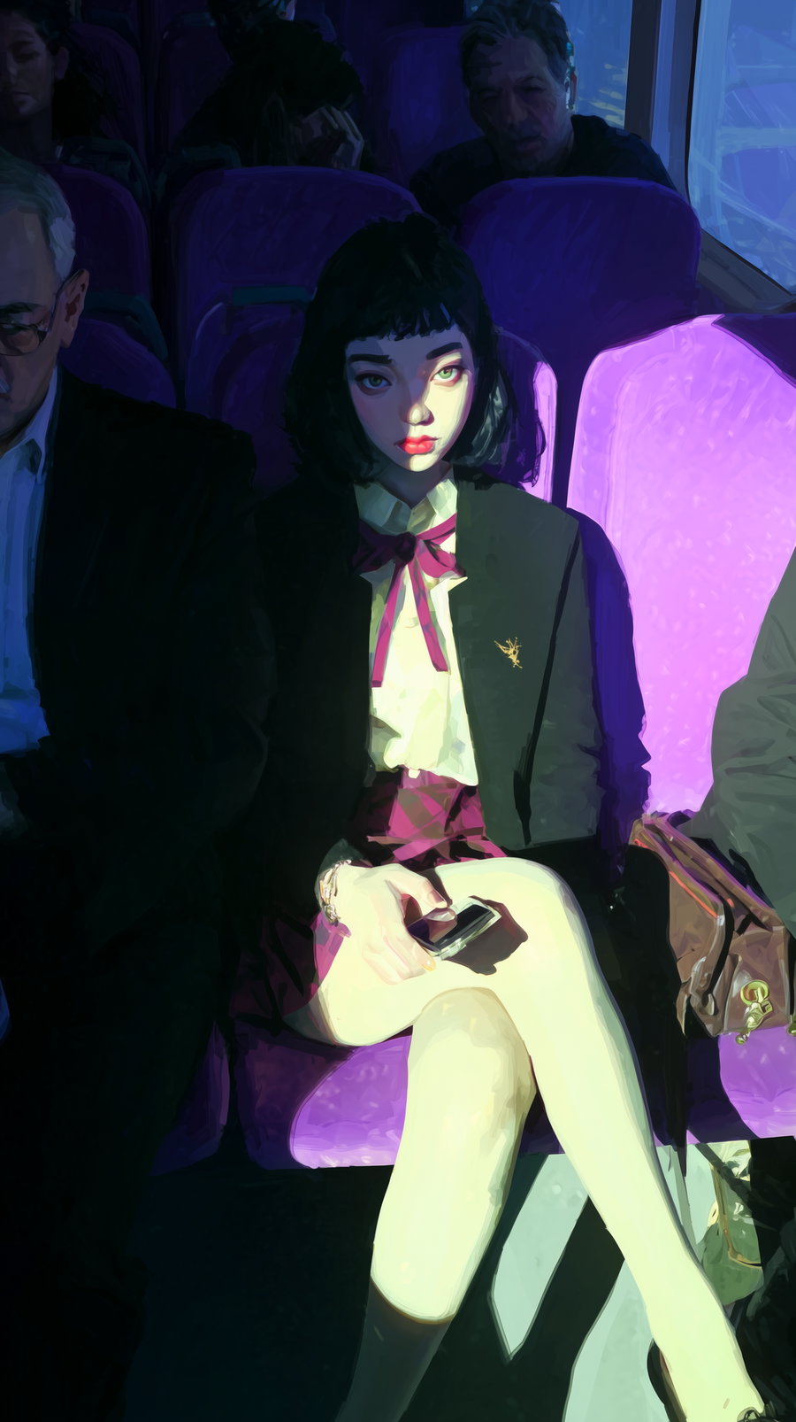 Digital painting of a young woman with short black hair and a school uniform sitting on a purple bus or train seat, with dramatic lighting casting shadows and highlights, other passengers visible in the background