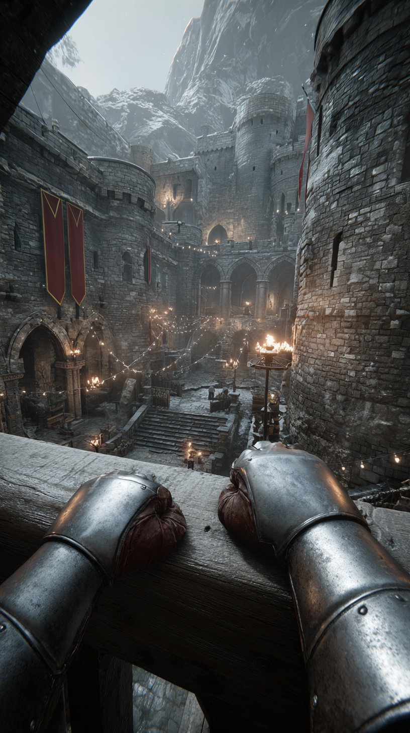 View from behind armored gauntleted hands overlooking a stone medieval castle courtyard with stairs, banners, and lit torches