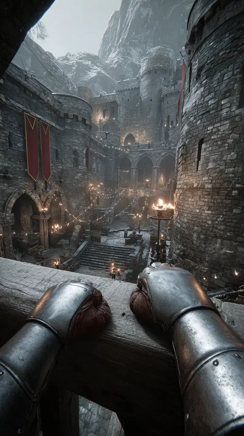 Medieval Castle Courtyard Viewed from a Knight’s Perspective with Armor Gloves