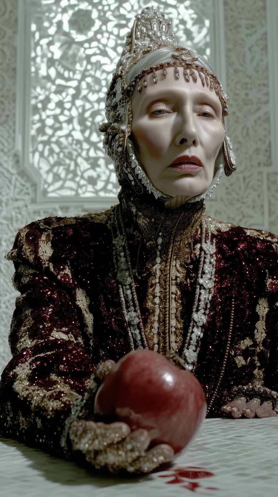 An elderly woman dressed in an elaborate, richly decorated dark and gold vintage costume with a headdress, holding a pomegranate on a white embroidered cloth with a detailed artistic background.