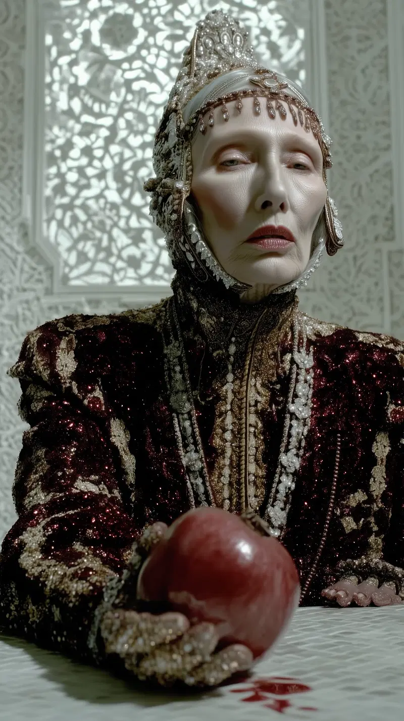 Regal woman in ornate vintage costume holding a pomegranate in moody setting