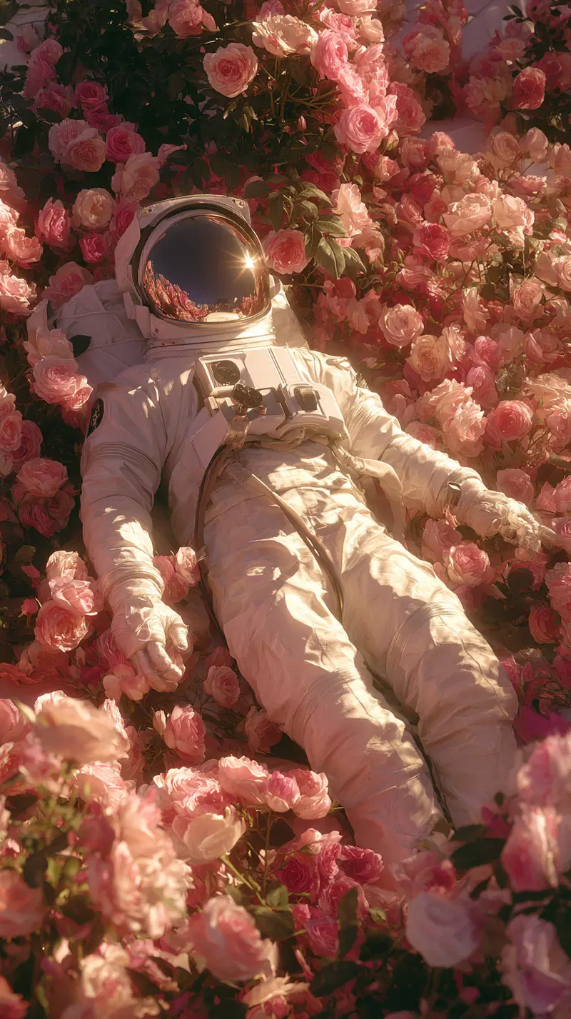 Astronaut in White Suit Lying Among Soft Pink Roses in Dreamy Setting