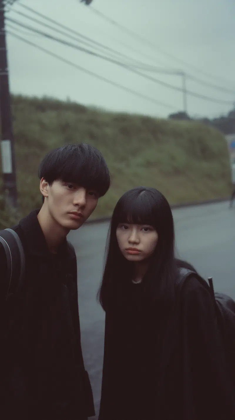 Portrait of two young people with somber expressions in moody outdoor setting