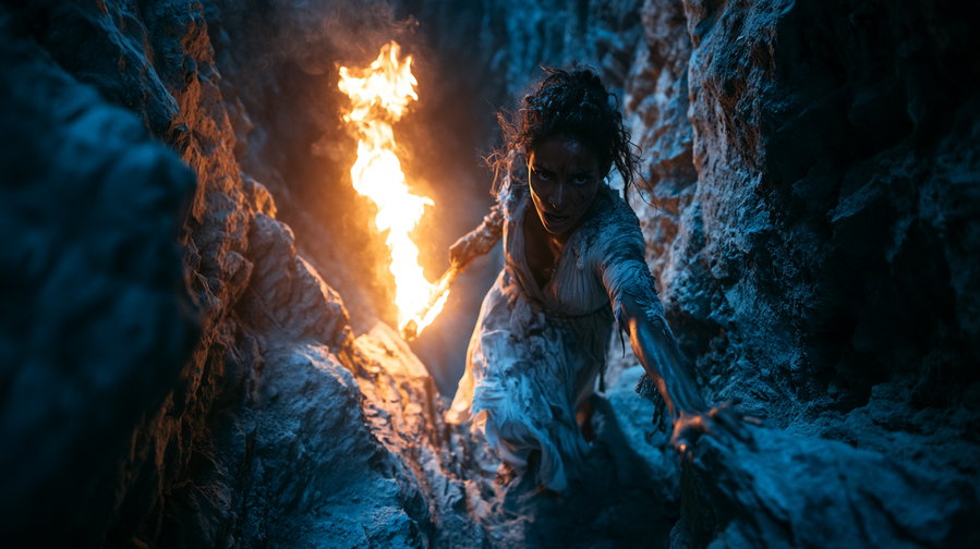 A fierce-looking woman in tattered white clothing climbs up a rugged rocky crevice while holding a burning torch, illuminated dramatically in dark blue and orange lighting