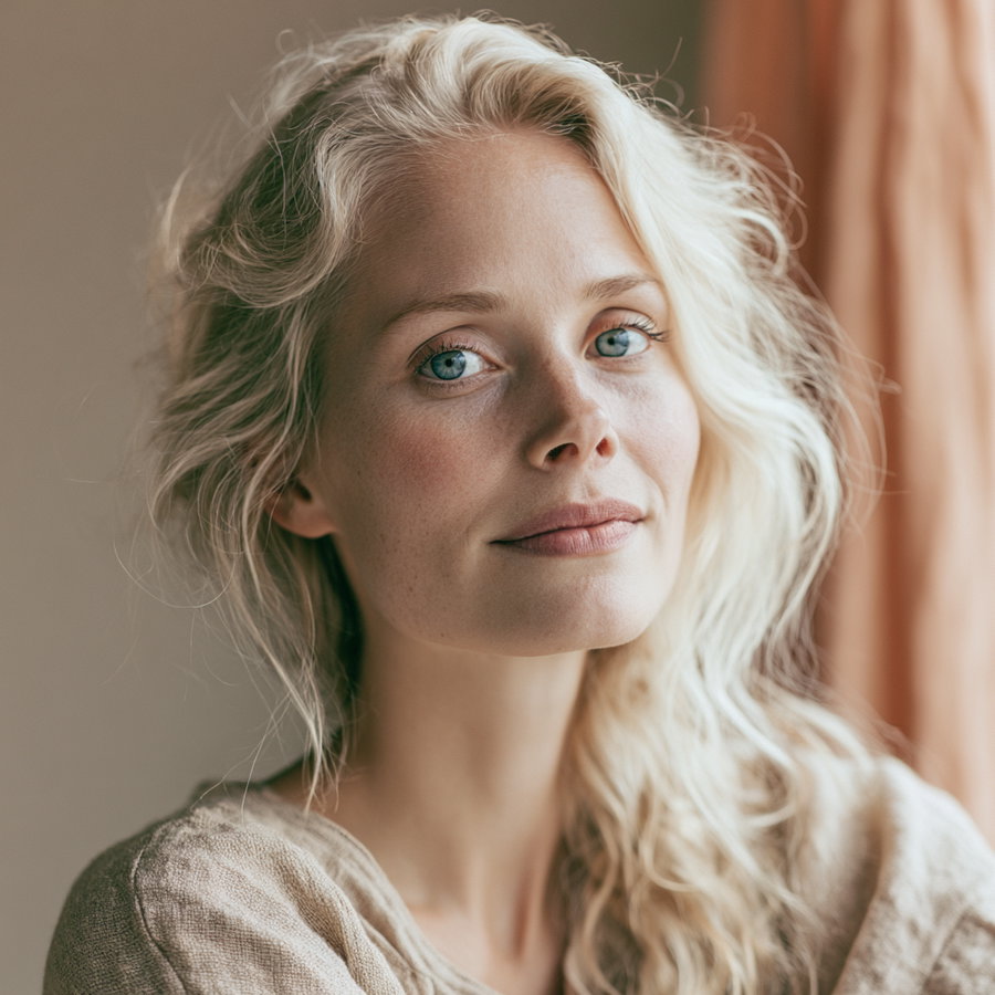A close-up portrait of a blonde woman with blue eyes, light makeup, and wavy hair, wearing a beige textured top, with a neutral background and soft lighting