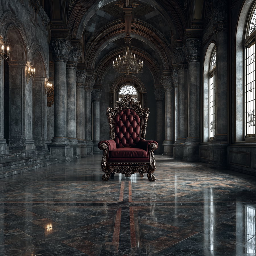 A richly detailed royal throne with deep red upholstery sitting in the center of a spacious hall featuring marble floors, tall arched windows, ornate columns, and a large chandelier overhead