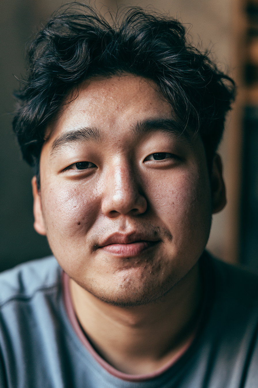 Close-up photo of a man's face with tousled black hair, slight stubble, and calm expression, wearing a casual shirt
