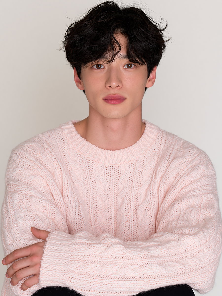 A young man with black wavy hair and brown eyes wearing a knitted pink sweater, sitting with his arms crossed against a plain light background
