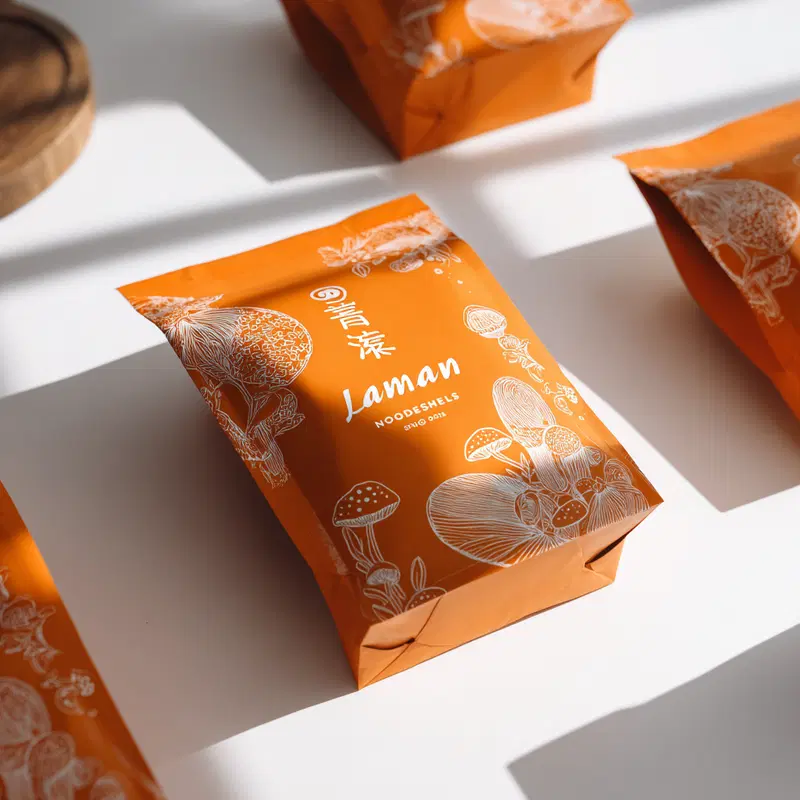 Modern orange packaging design with white botanical illustrations on a table