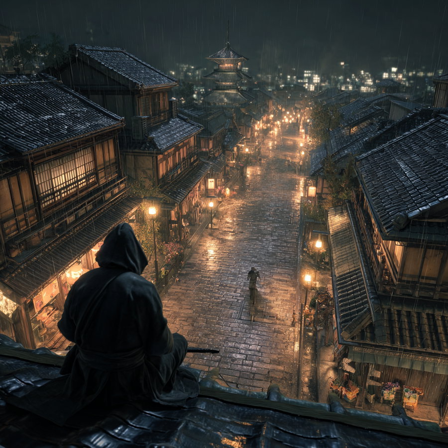 A hooded figure sitting on a rooftop overlooking a rainy cobblestone street lined with traditional Japanese buildings illuminated by warm lights