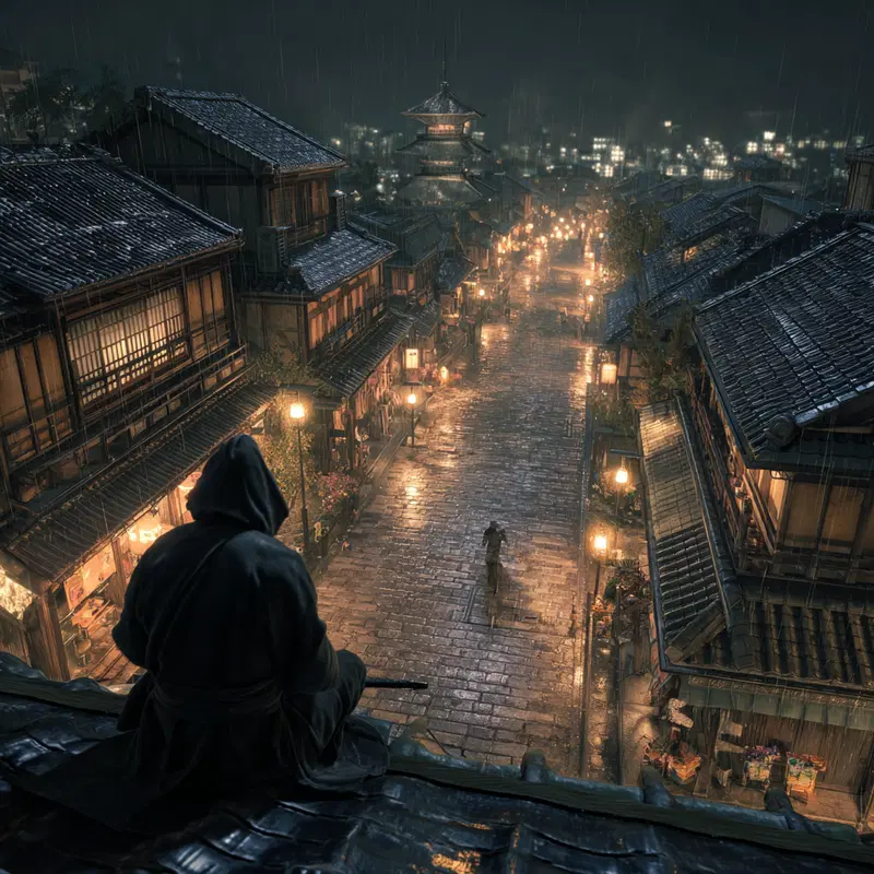 Atmospheric night scene of a traditional Japanese street with rain and glowing lanterns