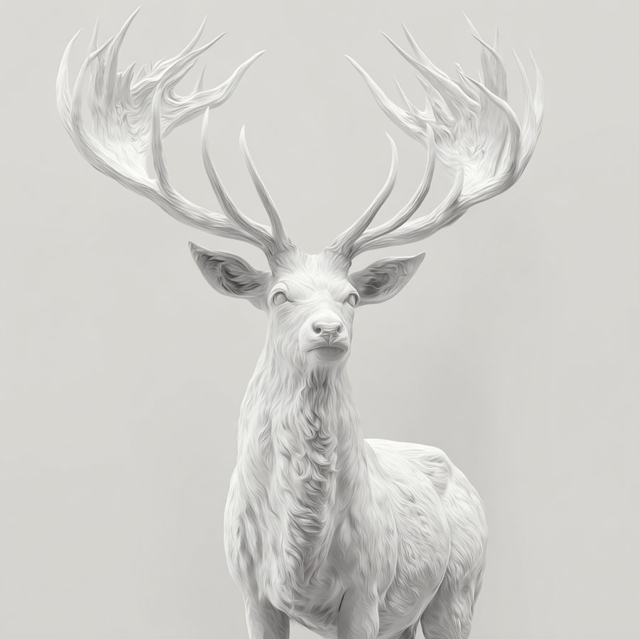 Detailed white sculpture of a stag with large, textured antlers against a plain light background