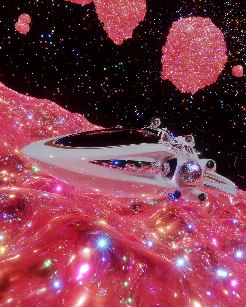 Abstract futuristic shiny spaceship in a colorful cosmic environment