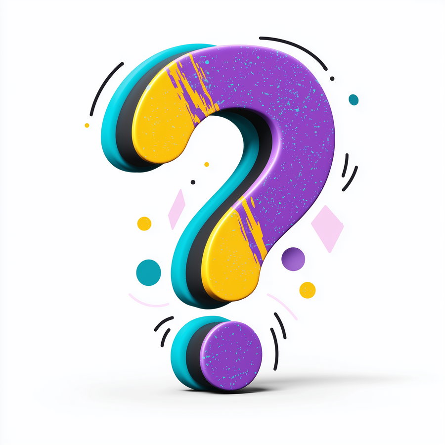 3D stylized question mark featuring purple and yellow colors with scattered dots and geometric shapes on a white background