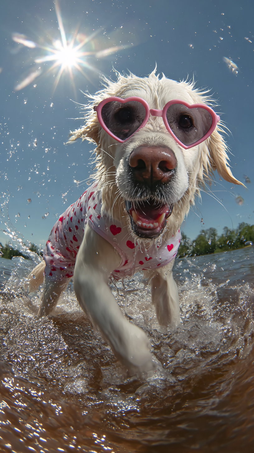 Golden retriever dog with wet fur wearing pink heart-shaped sunglasses and a white shirt with red hearts, splashing in shallow water under bright sun and clear blue sky