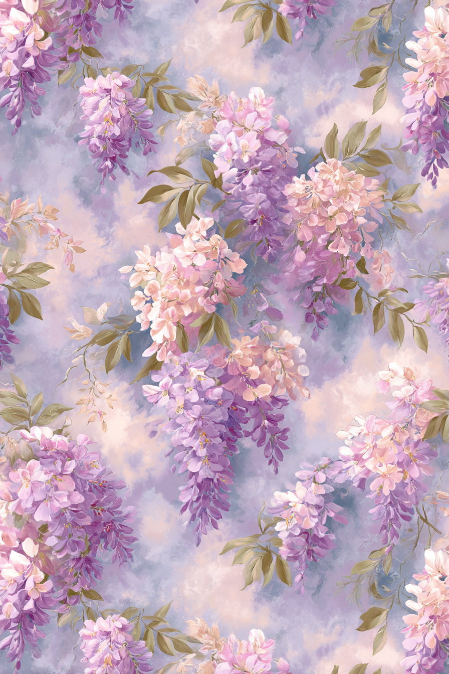 artistic floral pattern with clusters of lilac and pink flowers hanging with green leaves on a soft pastel purple and blue background