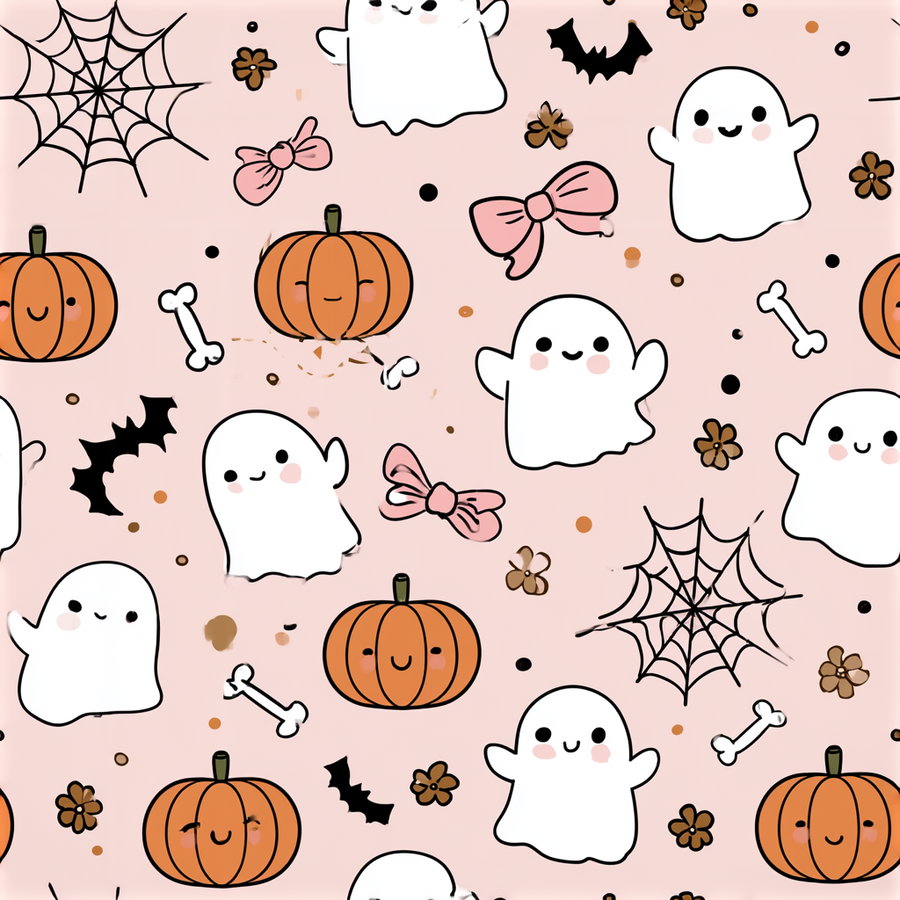 A seamless pattern on a light pink background featuring smiling white ghosts, orange pumpkins with faces, black bats, spider webs, bones, pink bows, and small flowers and dots in brown and black.
