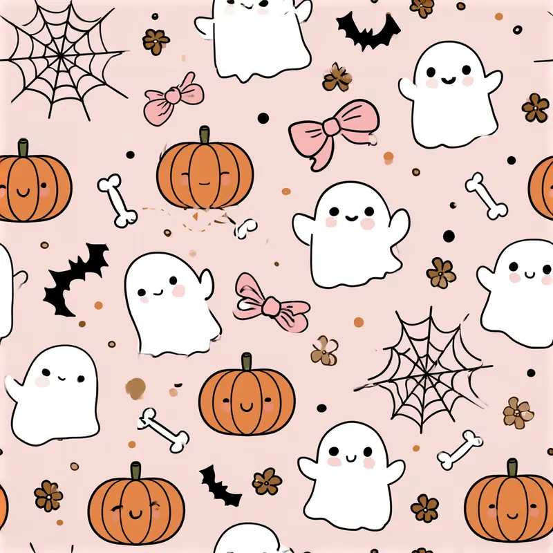 Cute Halloween themed seamless pattern with ghosts and pumpkins