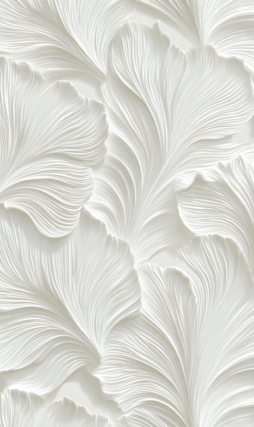 Close-up image showing a detailed pattern of large, soft, white leaves with fine vein textures creating a flowing, elegant design.