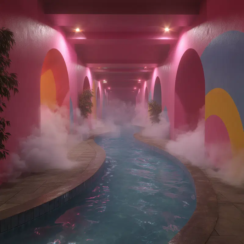 Moody and colorful indoor corridor with mist and water channel under arches