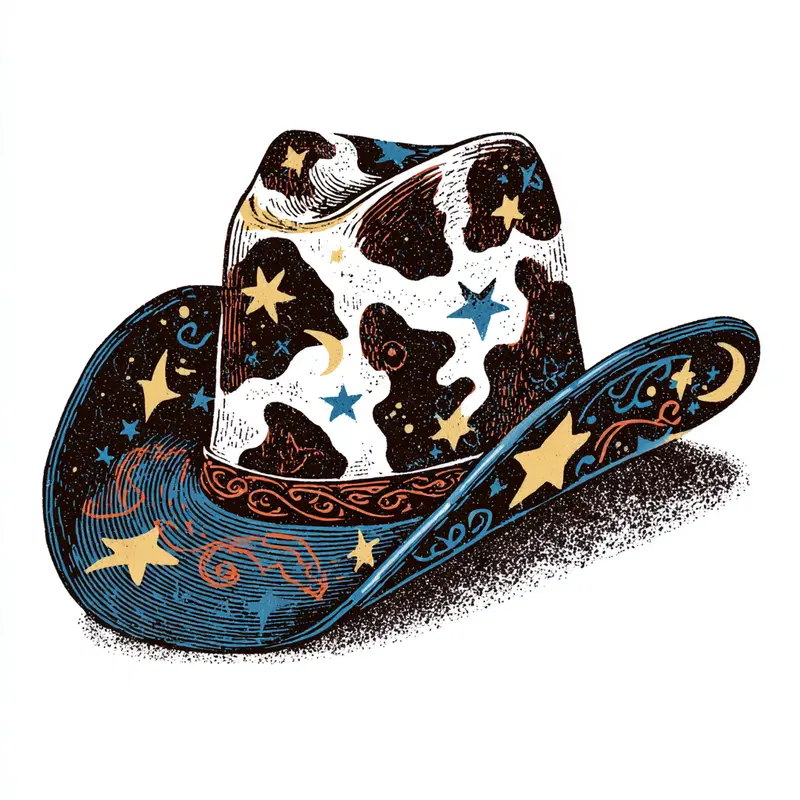 Vintage style illustration of a cowboy hat with star and moon patterns