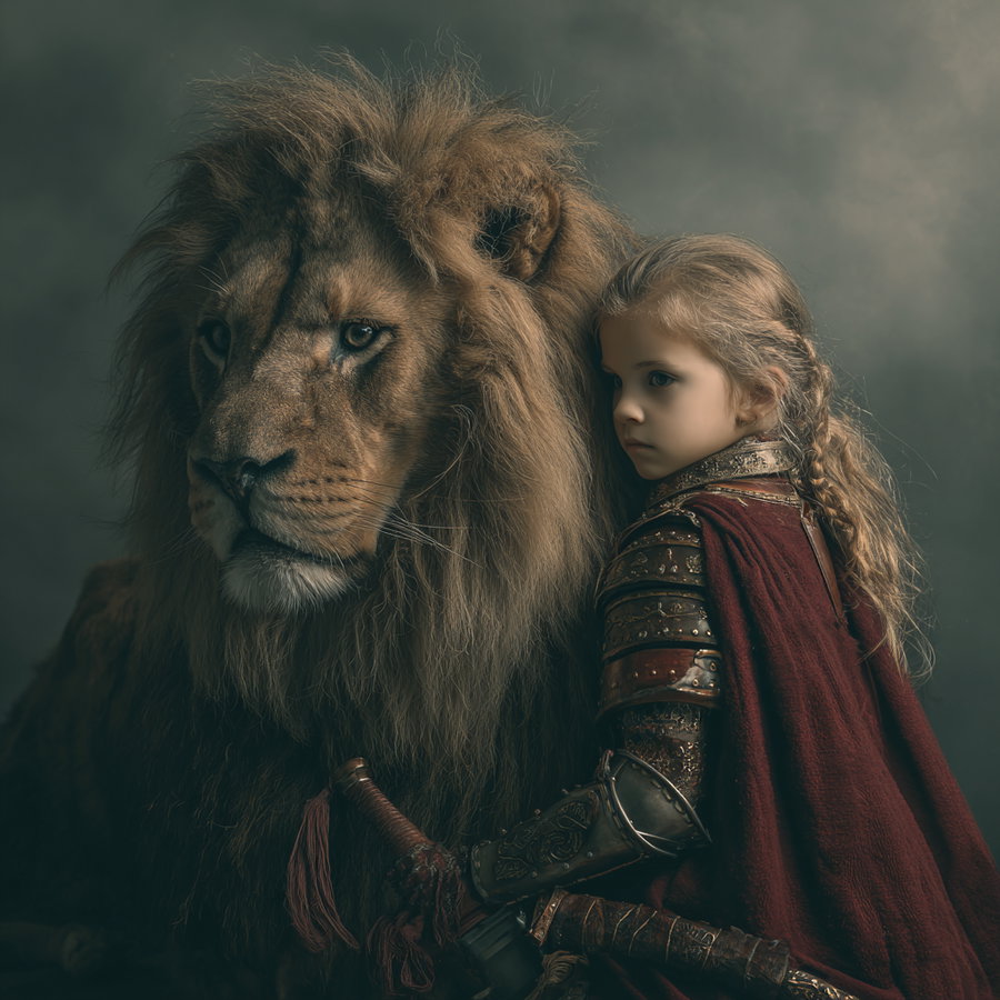 Young girl with braided hair wearing ornate medieval armor and a red cape sitting next to a large resting lion against a muted background