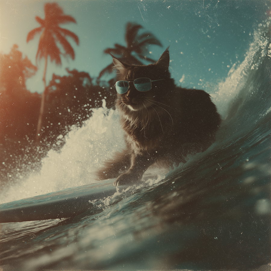 A cat with sunglasses surfing on a wave with palm trees in the background and splashing water around.