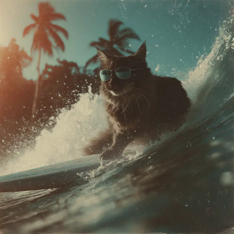 Cool cat wearing sunglasses surfing on ocean waves near palm trees