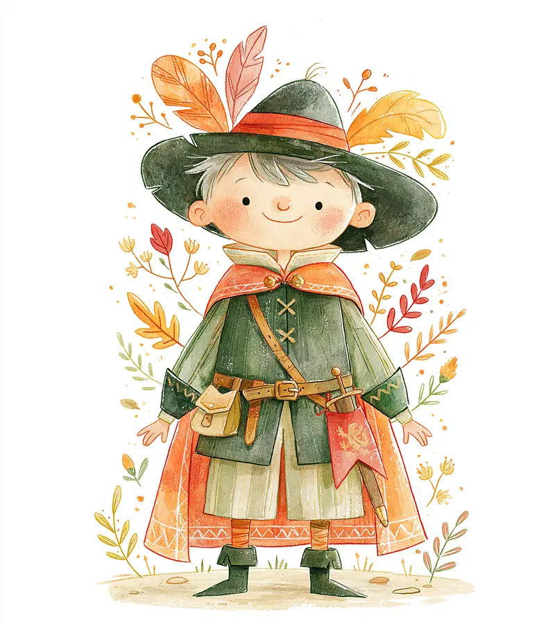 Charming hand-drawn illustration of a kid in medieval costume with autumn leaves