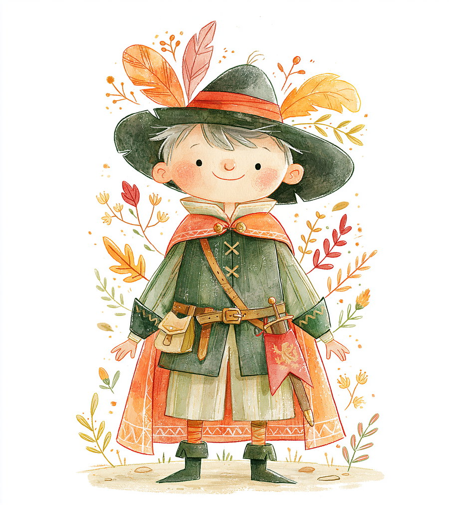 Illustration of a smiling child dressed in a medieval outfit with a large black hat adorned with orange feathers, a red cape, boots, and a sword, surrounded by decorative autumn leaves and plants