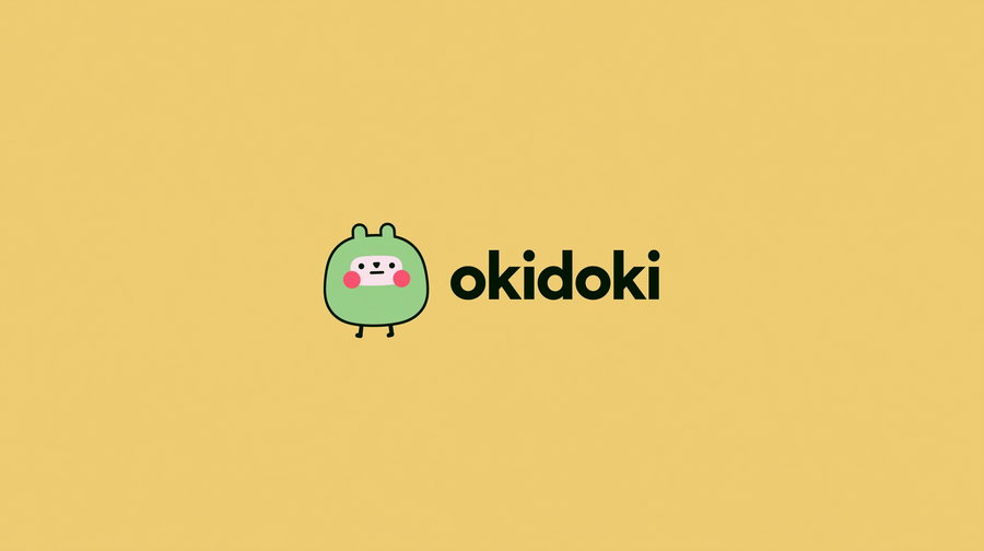 A minimalistic green character with pink cheeks and small black legs next to bold black text reading okidoki on a solid yellow background