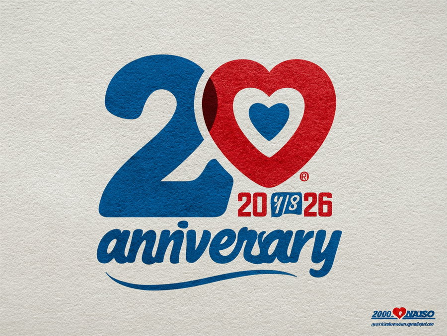 Graphic design with the number 20 and a large red heart, featuring smaller hearts inside, with the text anniversary and additional numbers 20 1/8 26 in blue and red colors on a textured white background.