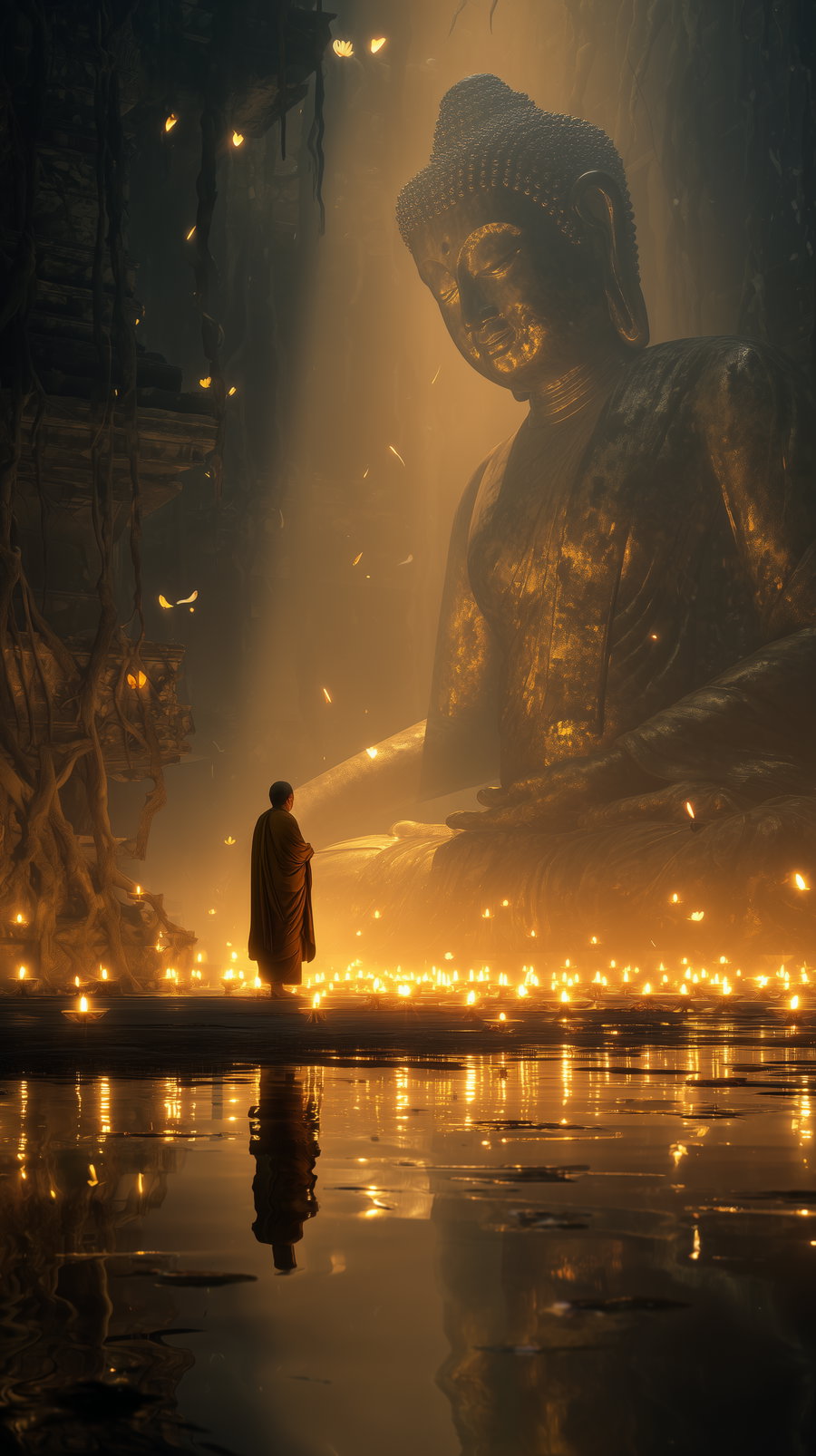 A monk dressed in an orange robe stands amidst glowing candles in a reflective water pool, facing a giant illuminated Buddha statue inside a dark cave with hanging roots and floating light particles.