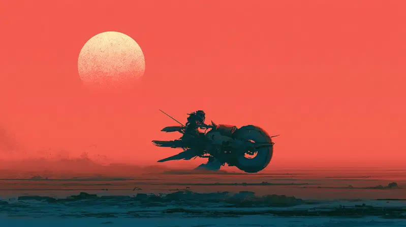 Futuristic motorbike rider in a minimalistic desert landscape at sunset