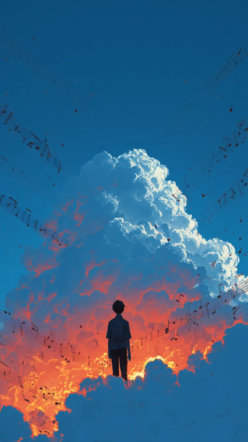 Surreal Dreamy Wall Art of Person Silhouetted Against Fiery Clouds and Musical Notes