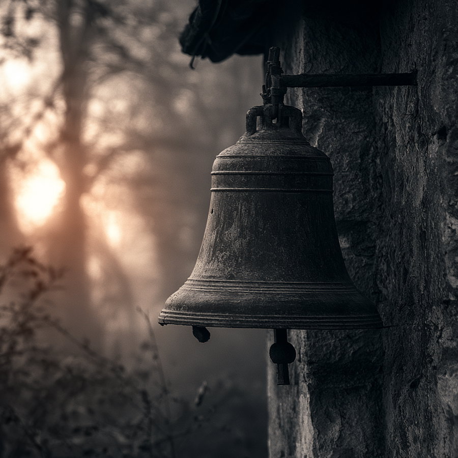 Close-up of an old cast iron bell attached to a rough stone wall with a blurred natural background and warm sunlight filtering through trees