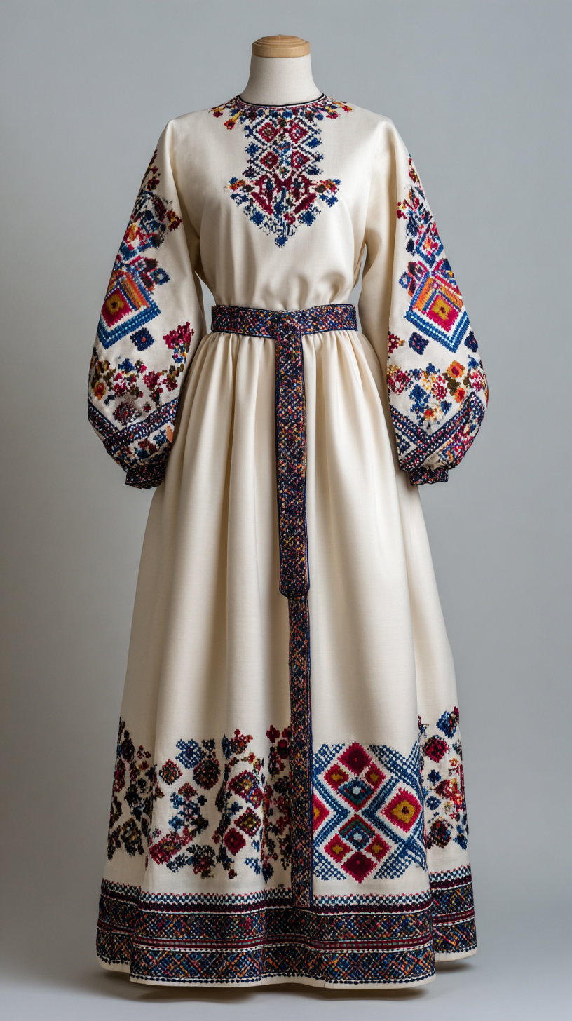 A full-length traditional ethnic dress displayed on a mannequin with intricate colorful embroidery on sleeves, bodice, and hem, featuring a matching belt