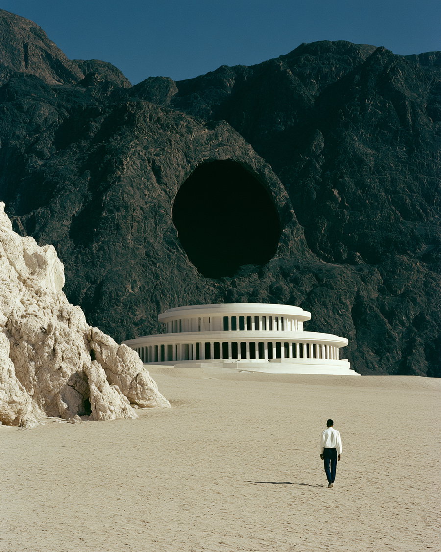 A person in a white shirt and dark pants walking on a flat sandy desert towards a white circular structure with columns, located at the base of a dark rocky mountain that features a large cave opening