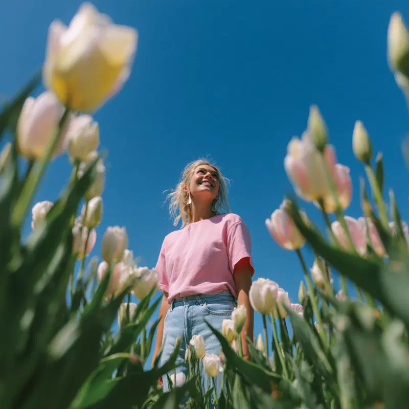 Young woman standing among blooming white and pale pink tulips under clear blue sky