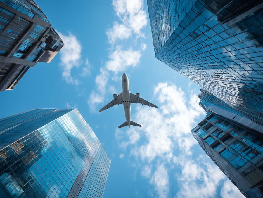 Low angle view of an airplane flying overhead surrounded by tall modern glass buildings with reflections, under a partly cloudy blue sky
