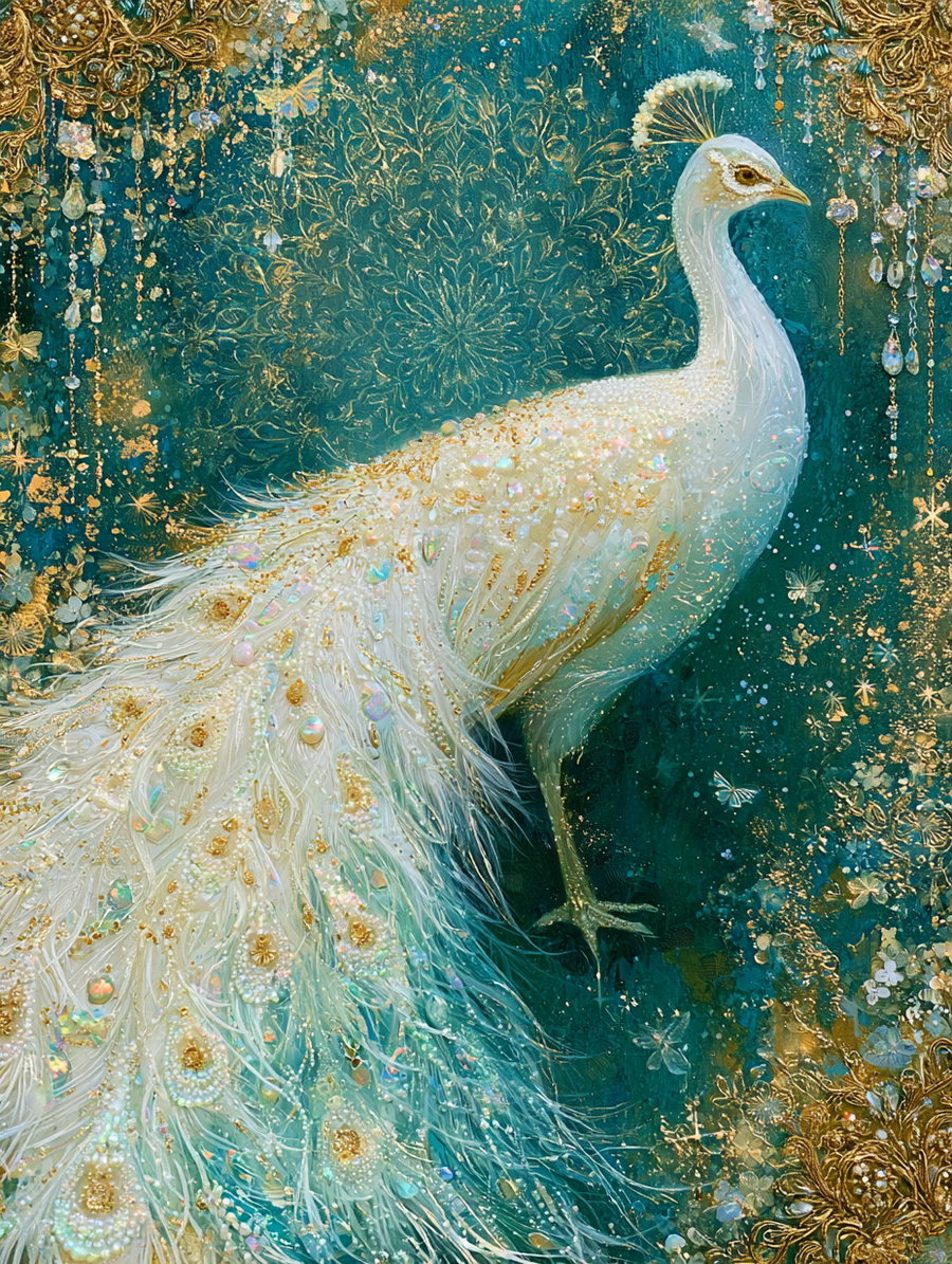 A beautifully detailed painting of a white peacock against a teal and gold background, embellished with shimmering jewels and intricate patterns.
