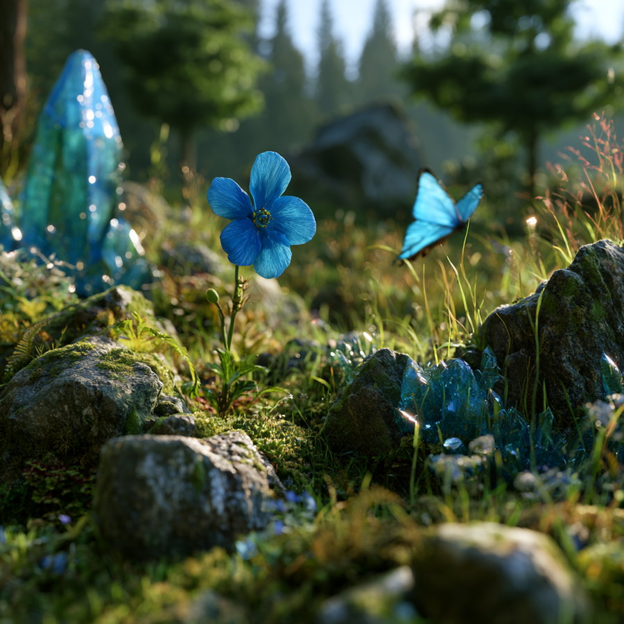 Blue flower and blue butterfly among moss-covered rocks and blue crystals in a forest environment with sunlight filtering through trees