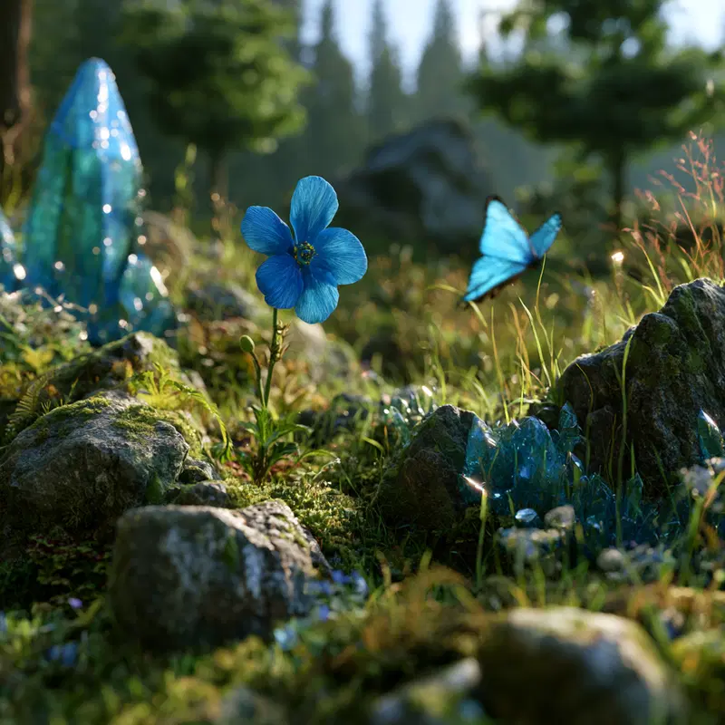 Close-up of a blue flower and butterfly in a lush natural setting with rocks and crystals