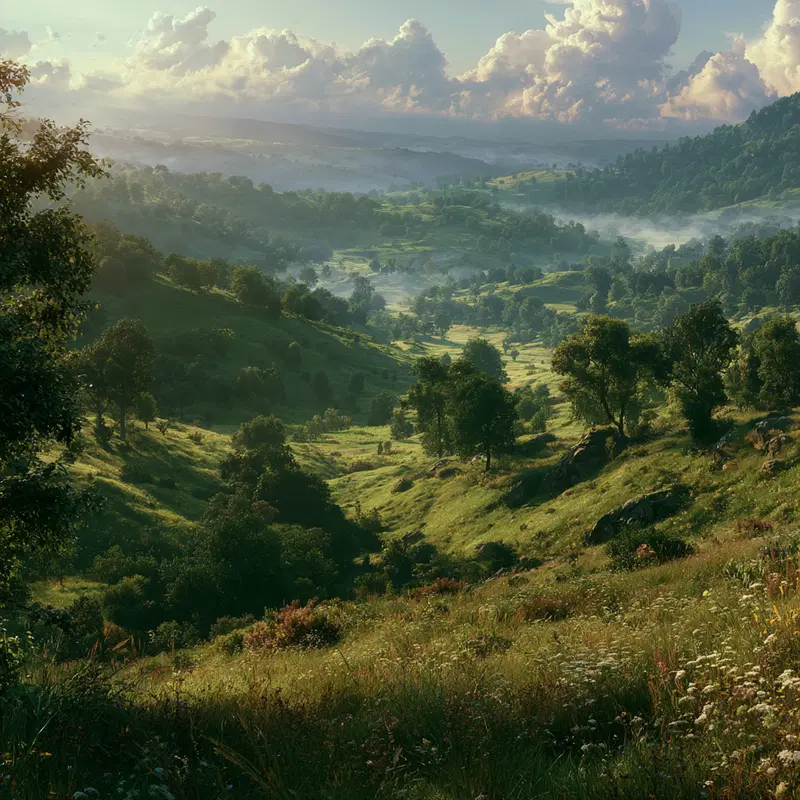 Serene valley landscape with rolling green hills and misty atmosphere
